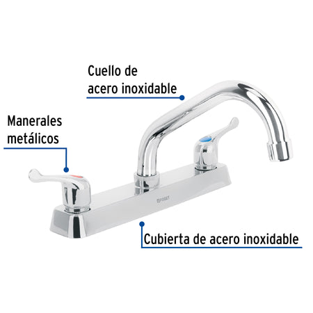 Mezcladora 8" fregadero cromo cuello corto palanca BASIC