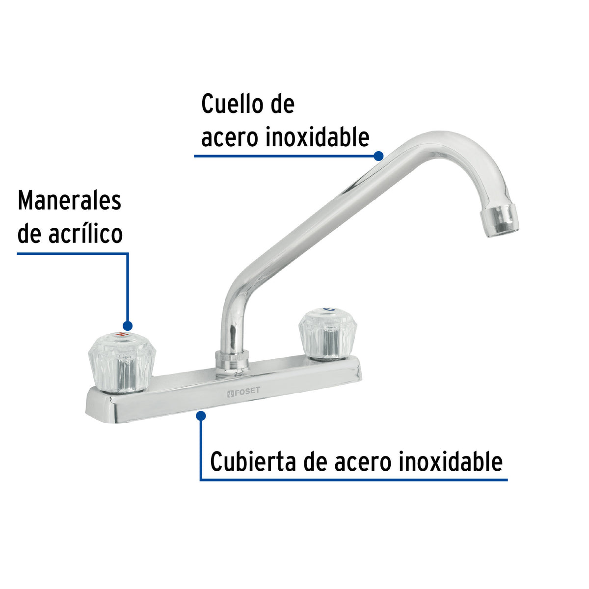Mezcladora 8" fregadero cromo cuello largo acrilico BASIC