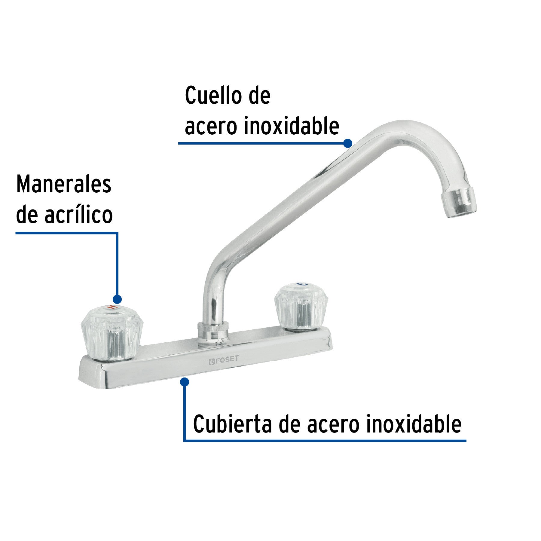 Mezcladora 8" fregadero cromo cuello largo acrilico BASIC