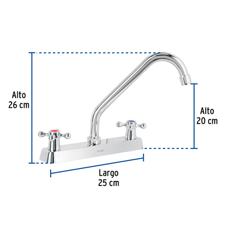 Mezcladora 8" fregadero cromo cuello largo cruceta BASIC