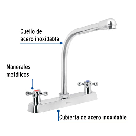 Mezcladora 8" fregadero cromo cuello cobra cruceta BASIC