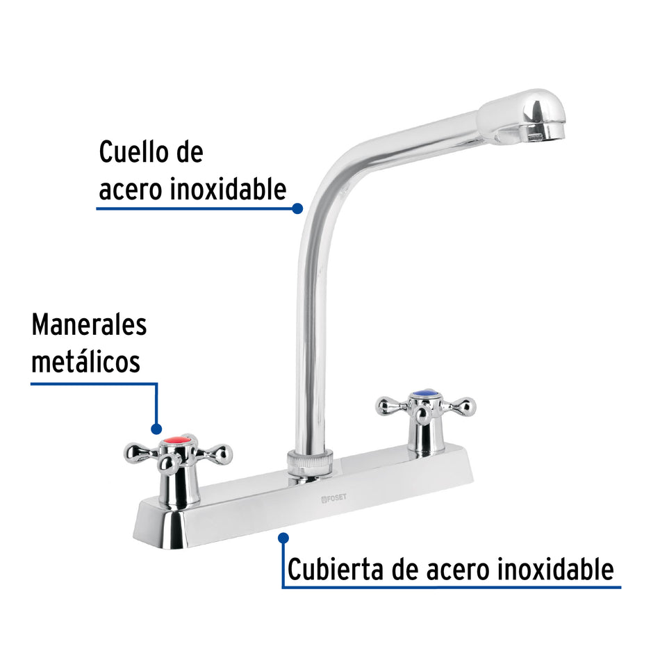 Mezcladora 8" fregadero cromo cuello cobra cruceta BASIC