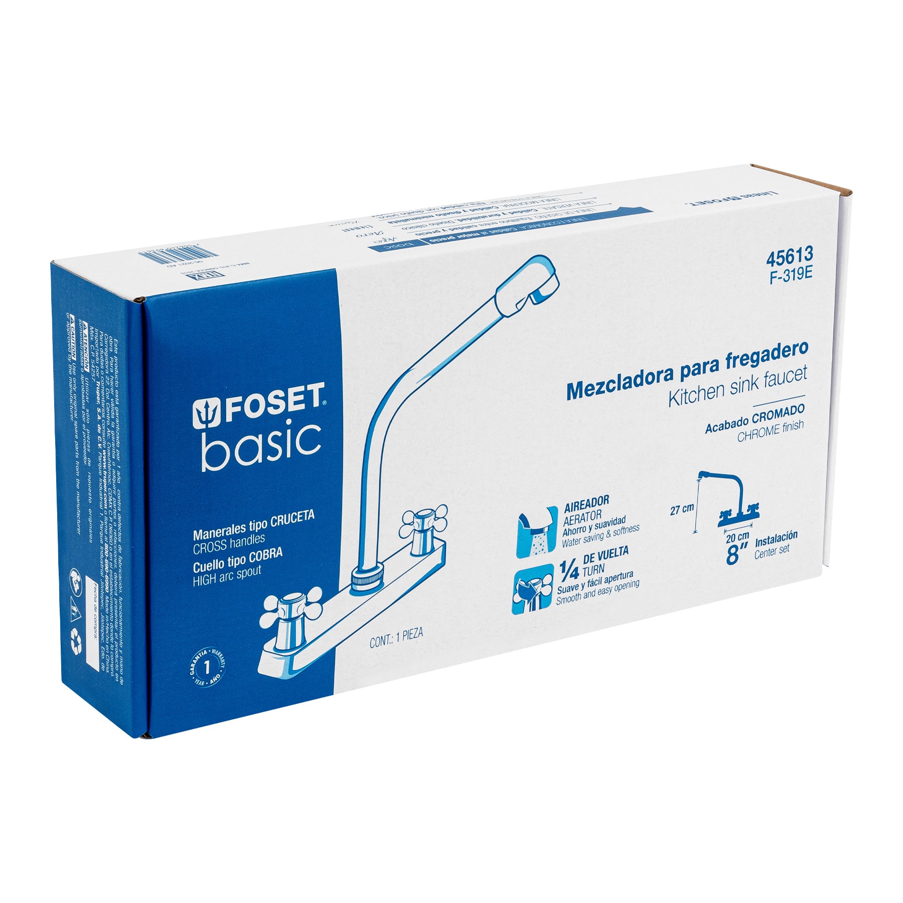 Mezcladora 8" fregadero cromo cuello cobra cruceta BASIC
