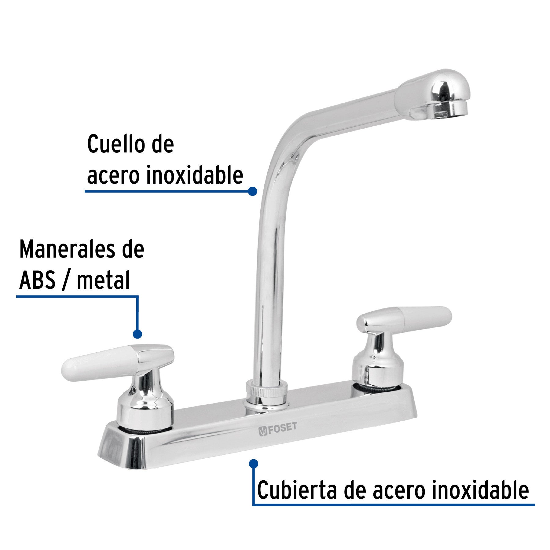 Mezcladora 8" fregadero cromo cuello cobra cono BASIC