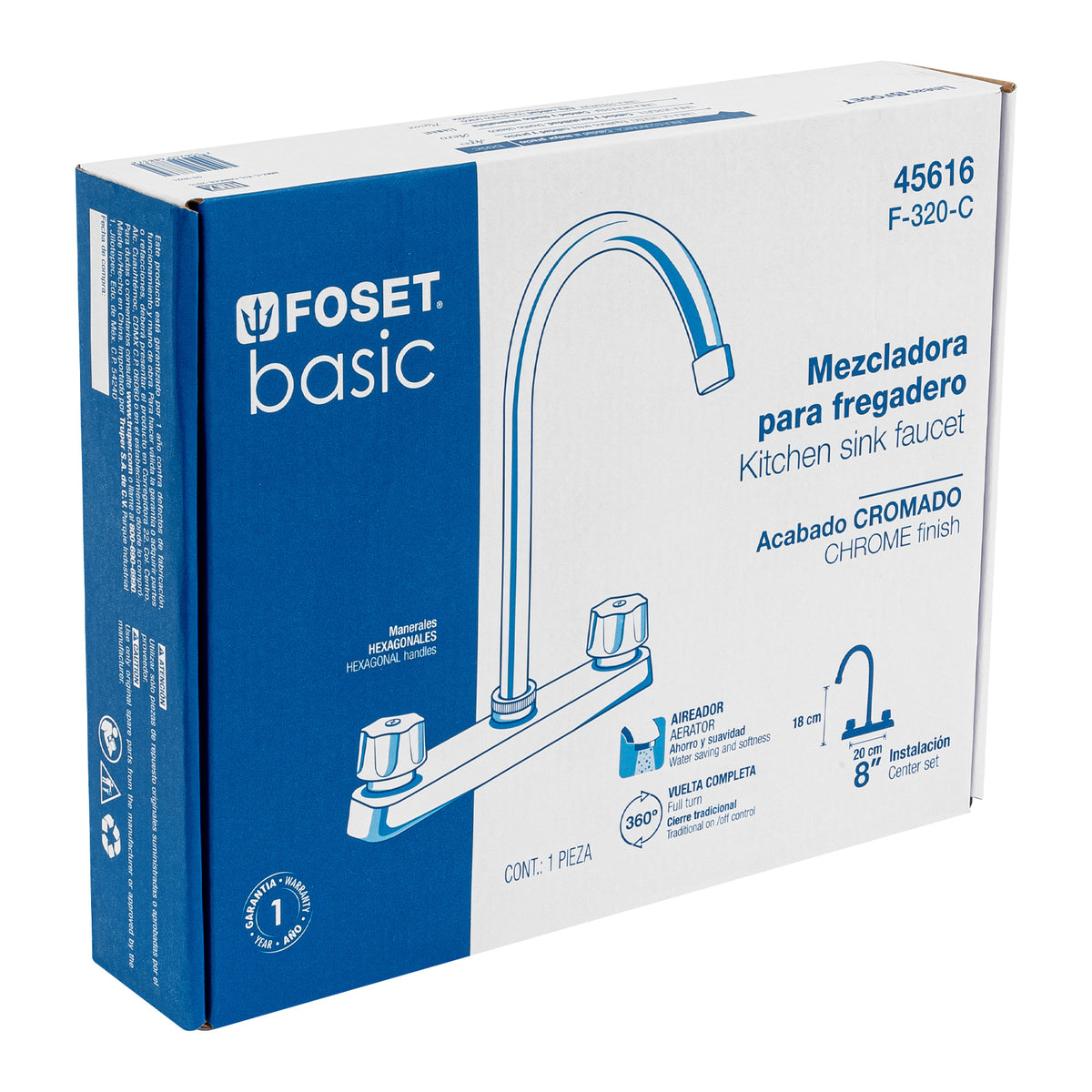 Mezcladora 8" fregadero cromo cuello curvocompresionBASIC