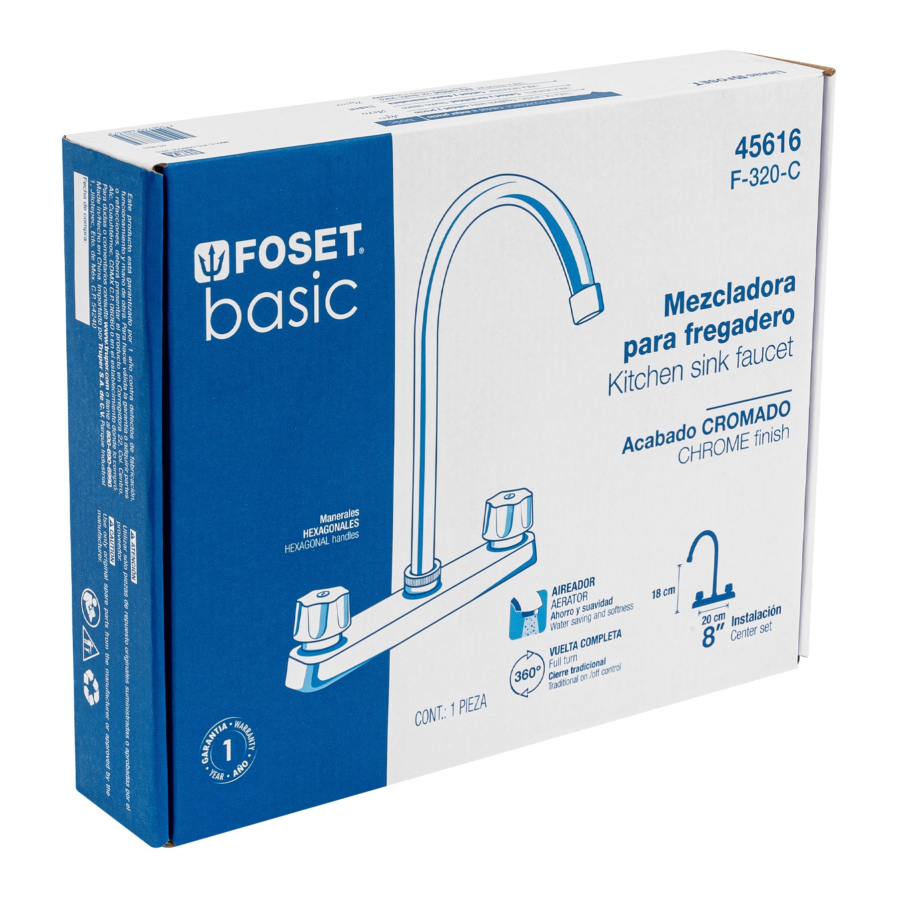 Mezcladora 8" fregadero cromo cuello curvocompresionBASIC