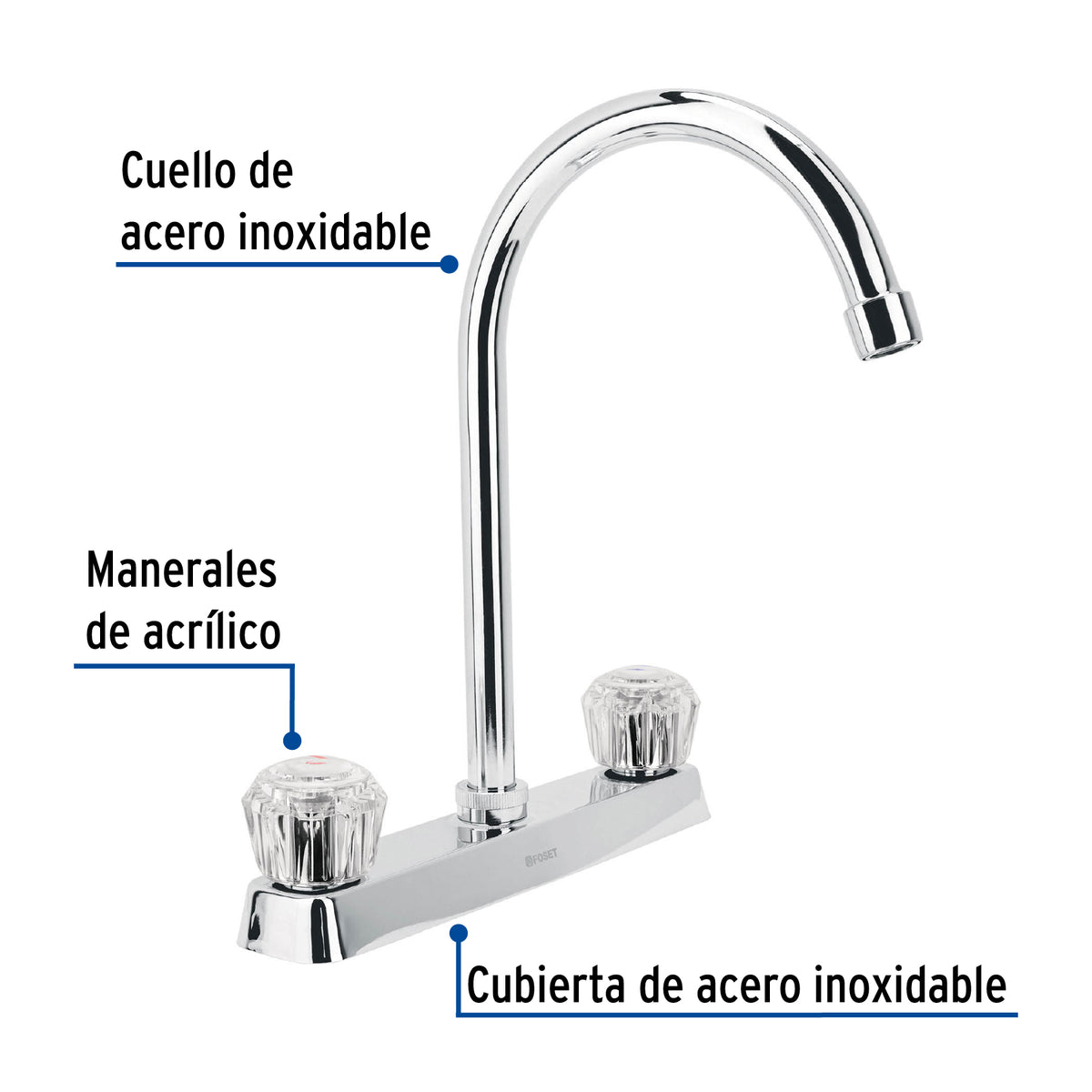 Mezcladora 8" fregadero cromo cuello curvo acrilico BASIC