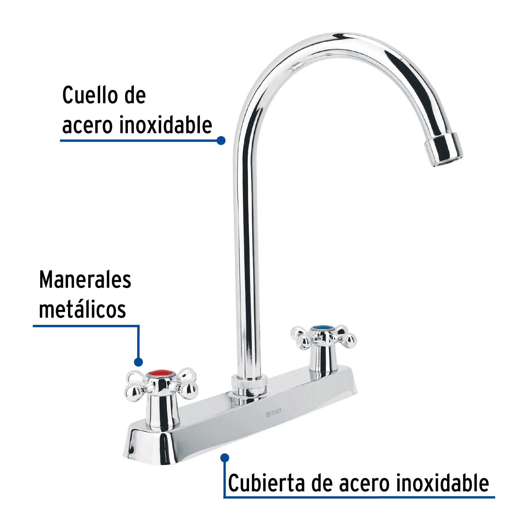 Mezcladora 8" fregadero cromo cuello curvo cruceta BASIC