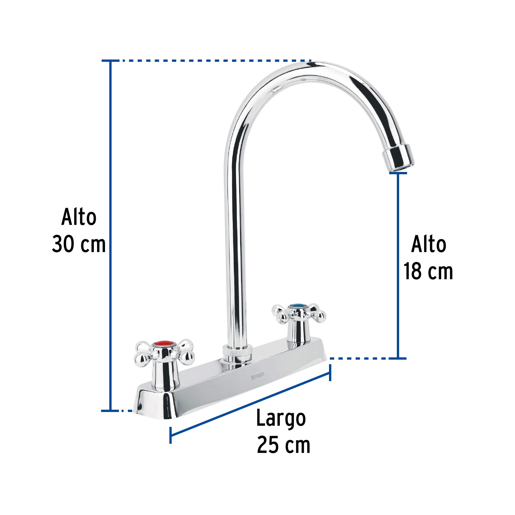 Mezcladora 8" fregadero cromo cuello curvo cruceta BASIC