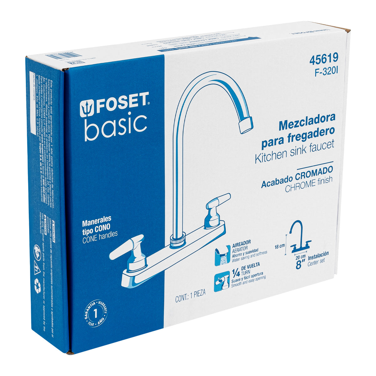Mezcladora 8" fregadero cromo cuello curvo cono BASIC