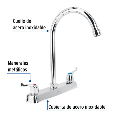 Mezcladora 8" fregadero cromo cuello curvo palanca BASIC