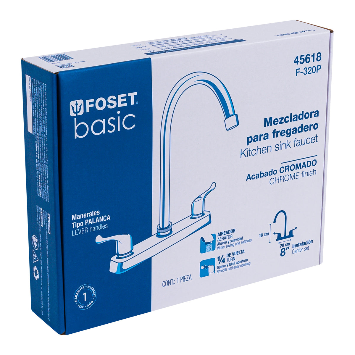 Mezcladora 8" fregadero cromo cuello curvo palanca BASIC
