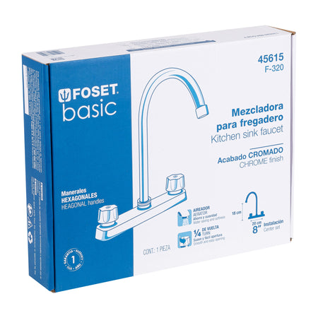 Mezcladora 8" fregadero cromo cuello curvohexagonal BASIC
