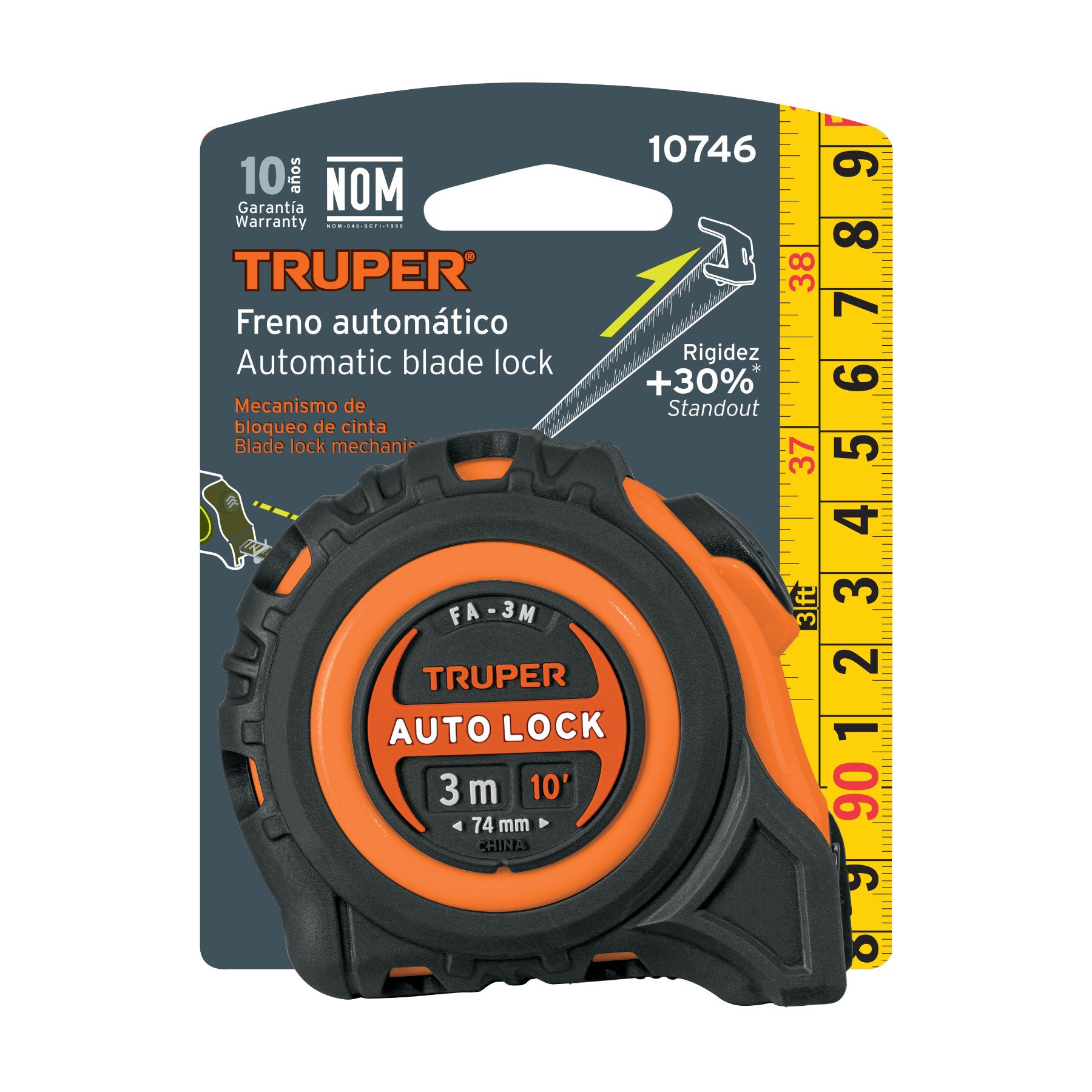 Flexómetro Auto-Lock contra impactos 3 m cinta 16 mm, Truper 3 m, 16 mm