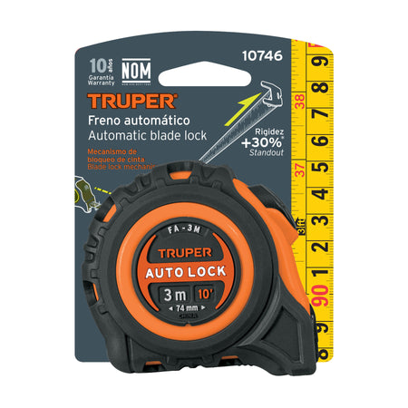Flexómetro Auto-Lock contra impactos 3 m cinta 16 mm, Truper 3 m, 16 mm