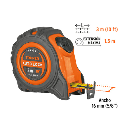Flexómetro Auto-Lock contra impactos 3 m cinta 16 mm, Truper 3 m, 16 mm