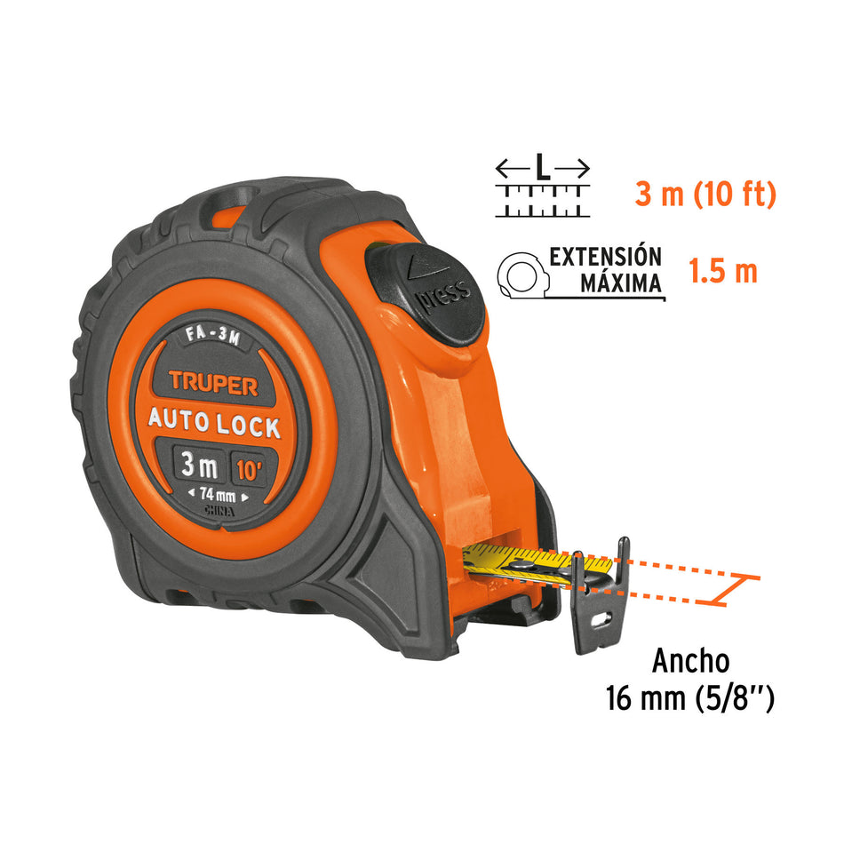 Flexómetro Auto-Lock contra impactos 3 m cinta 16 mm, Truper 3 m, 16 mm