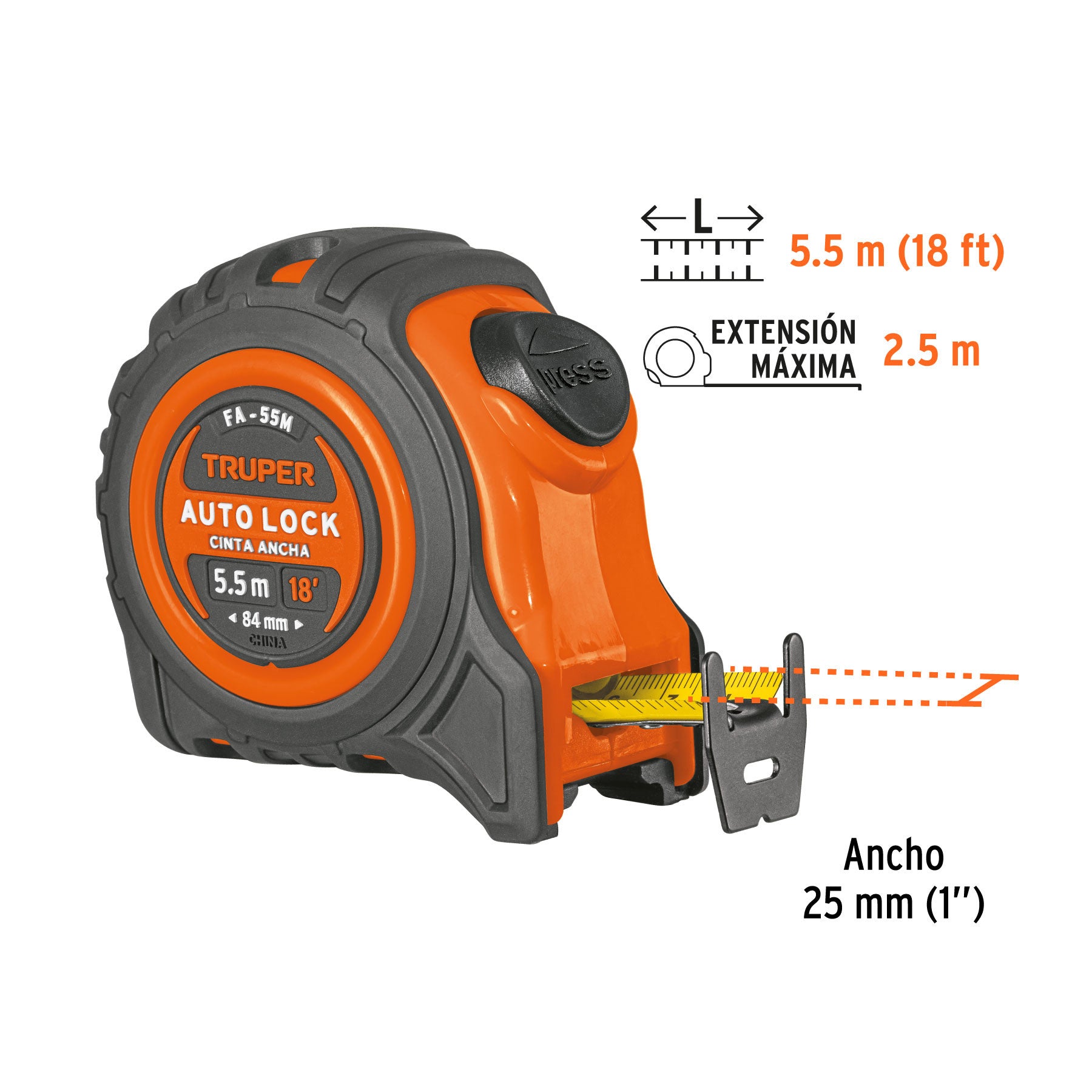 Flexómetro Auto-Lock contra impactos 5.5 m cinta 25 mm