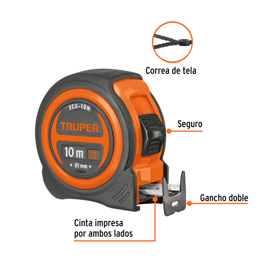 Flexometro compacto contra impactos 10 m cinta 25 mm TRUPER