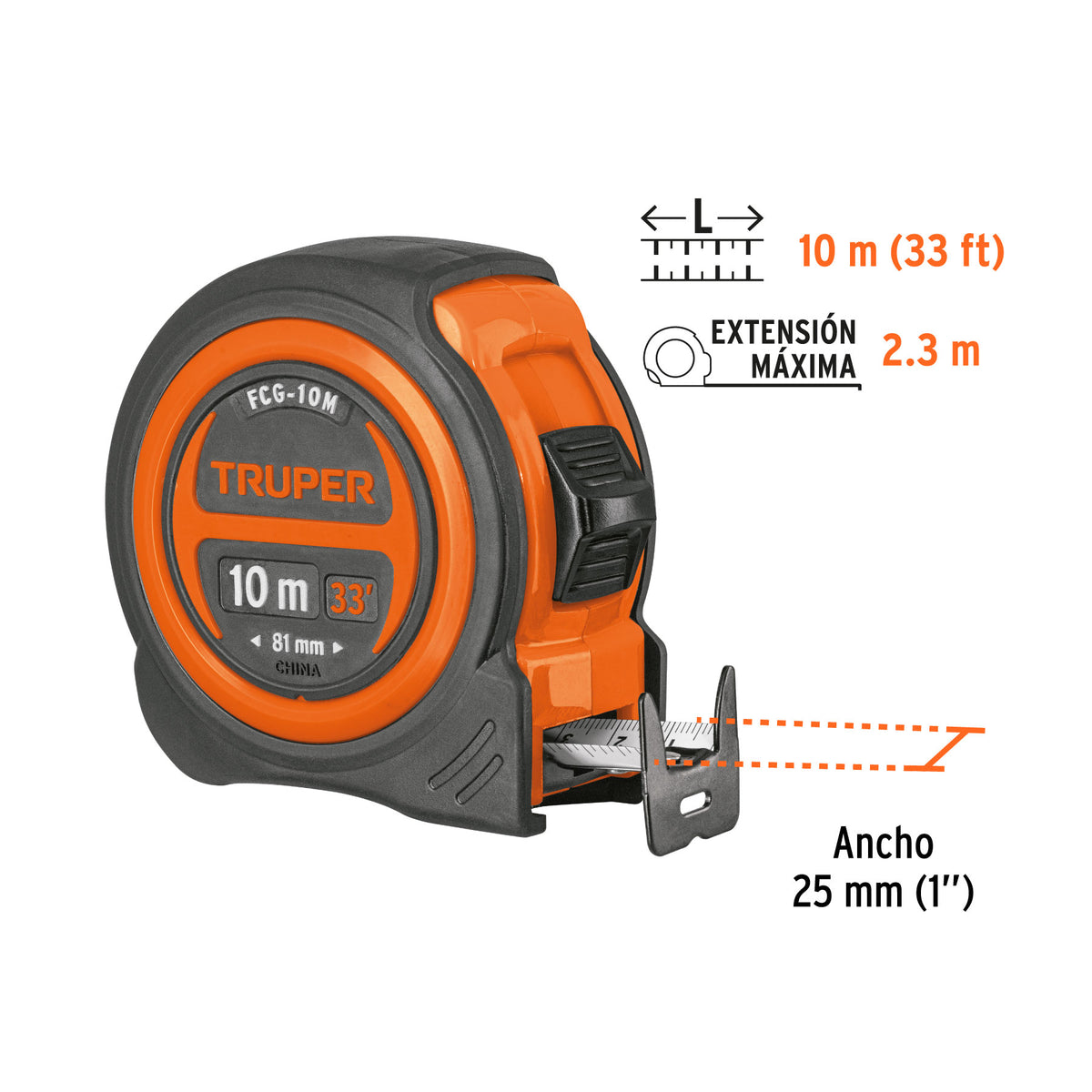 Flexometro compacto contra impactos 10 m cinta 25 mm TRUPER
