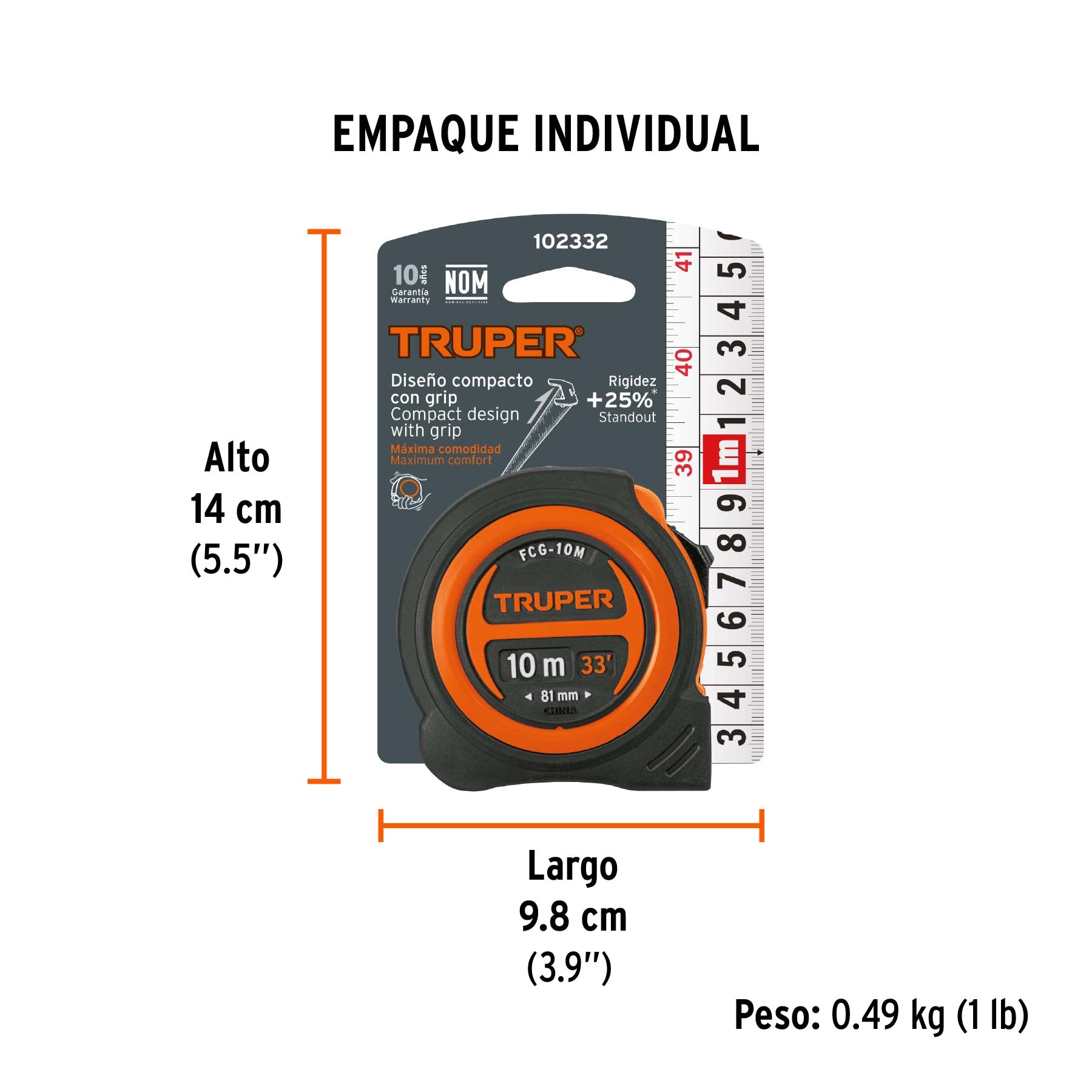 Flexometro compacto contra impactos 10 m cinta 25 mm TRUPER
