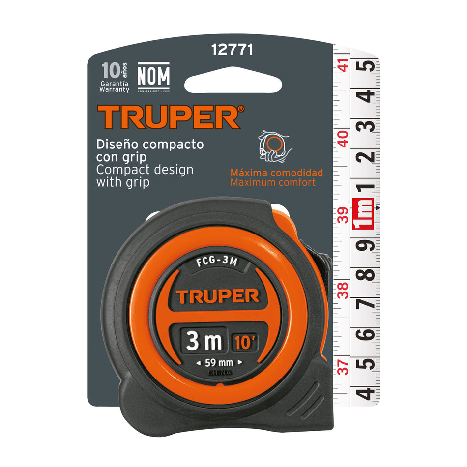 Flexómetro compacto contra impactos 3 m cinta 16 mm, TRUPER 3 m, 16 mm