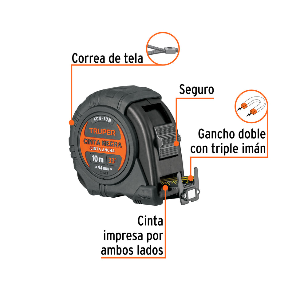 Flexometro contra impactos 10 m Cinta Negra 32 mm Truper
