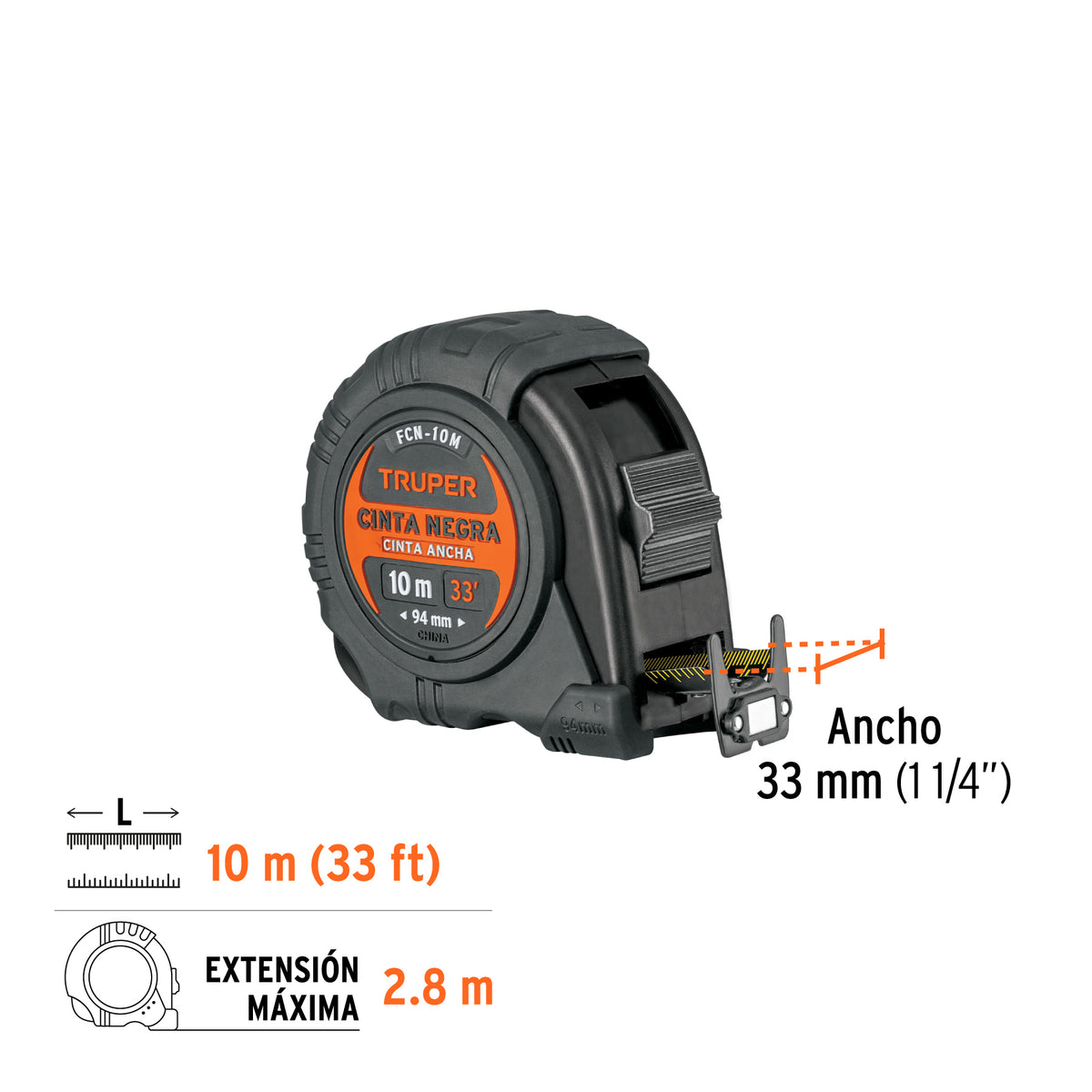 Flexometro contra impactos 10 m Cinta Negra 32 mm Truper