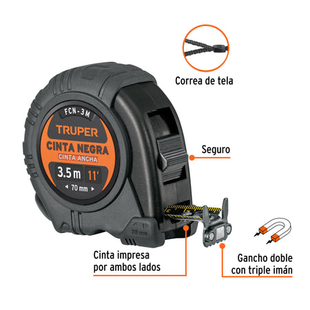 Flexómetro contra impactos 3 m, Cinta Negra 13 mm, Truper 3 m, 13 mm, Negra