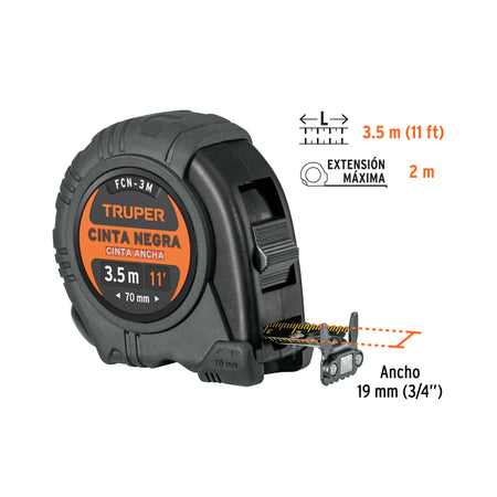Flexómetro contra impactos 3 m, Cinta Negra 13 mm, Truper 3 m, 13 mm, Negra