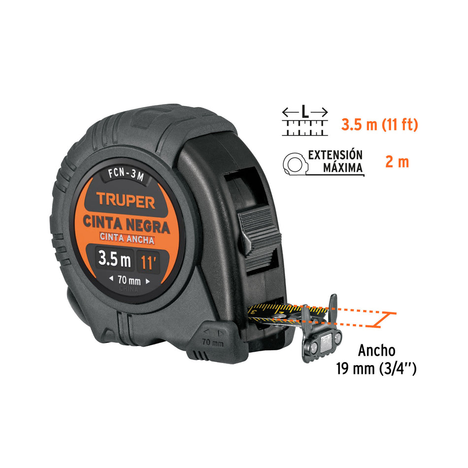 Flexómetro contra impactos 3 m, Cinta Negra 13 mm, Truper 3 m, 13 mm, Negra