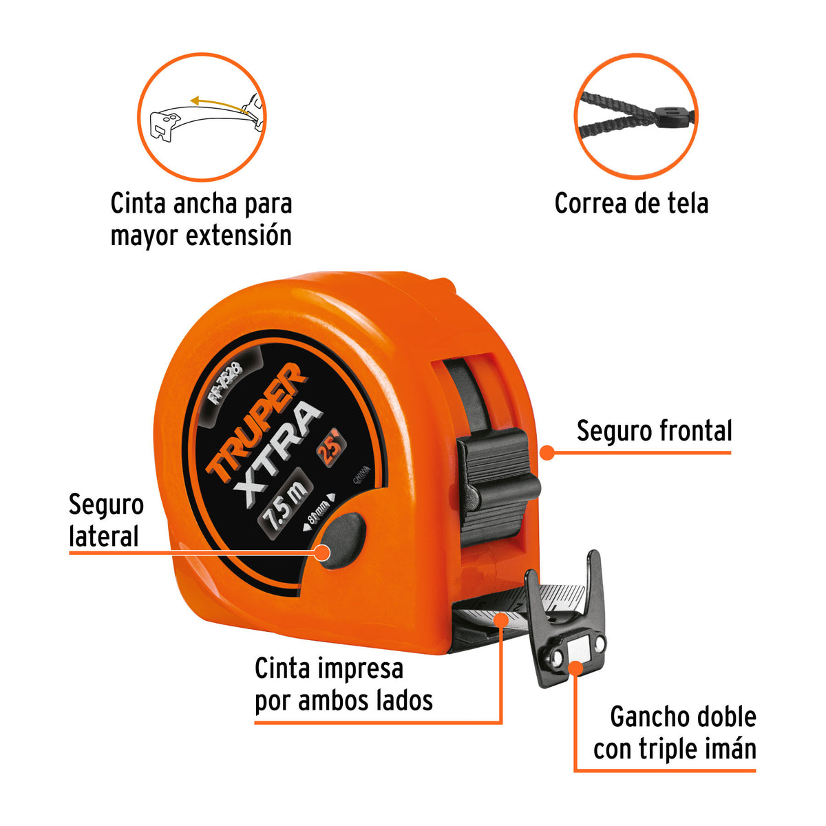 Flexómetro XTRA 7.5 m cinta extra ancha 28 mm, Truper
