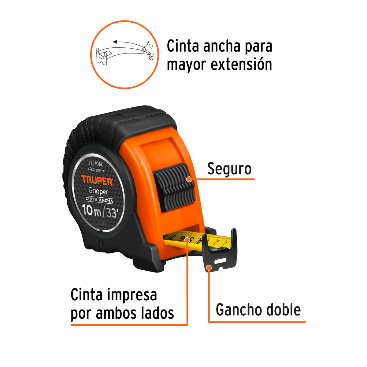 Flexómetro Gripper contra impactos 10 m cinta 32 mm, Truper 10 m, 32 mm
