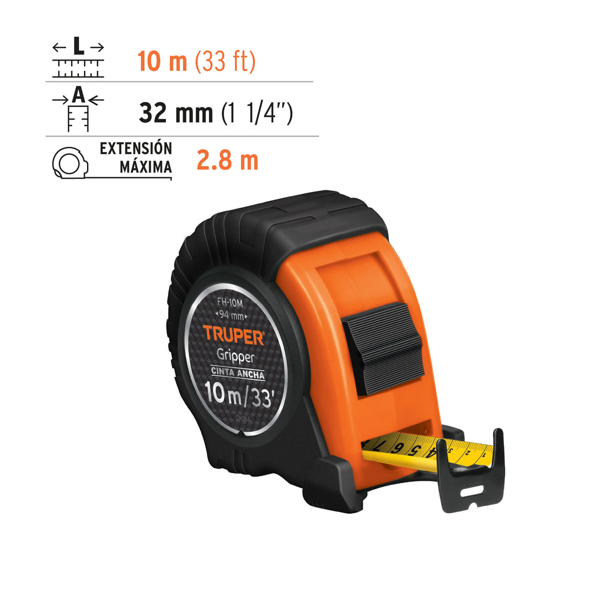 Flexómetro Gripper contra impactos 10 m cinta 32 mm, Truper 10 m, 32 mm