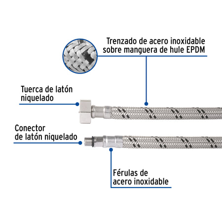 Manguera para monomando acero inox 1/2" x 3/8" UNF 55cm