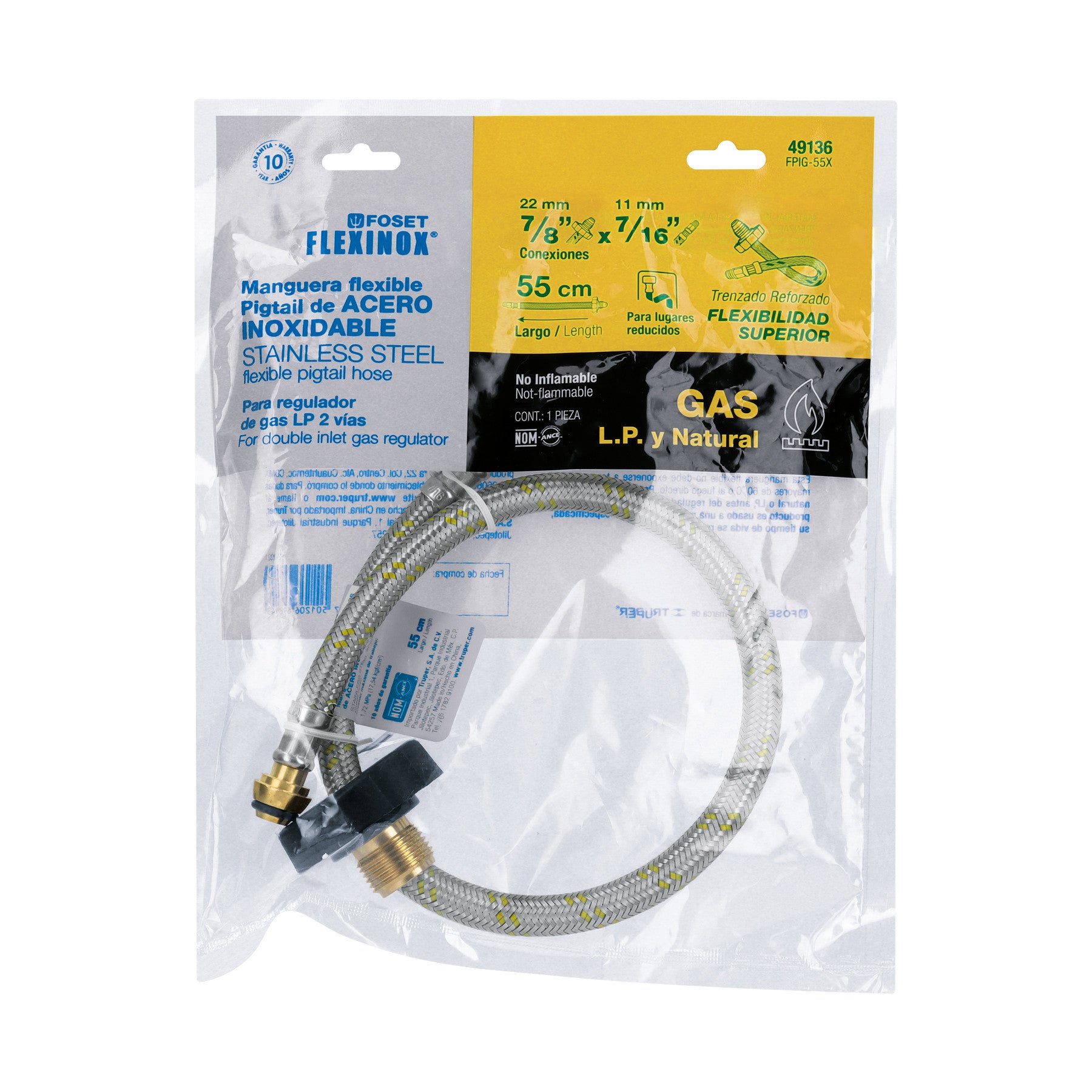 Manguera pigtail acero inox 7/16" x 7/8" 55 cm FOSET