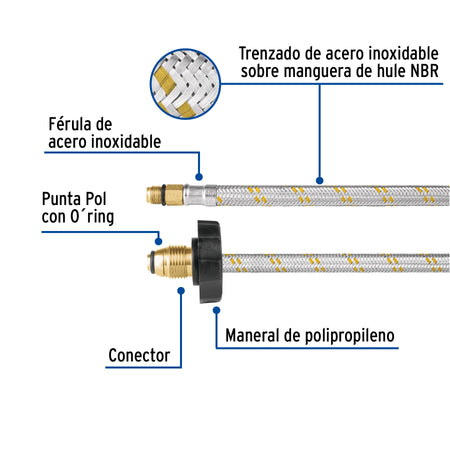 Manguera pigtail acero inox 7/16" x 7/8" 55 cm FOSET