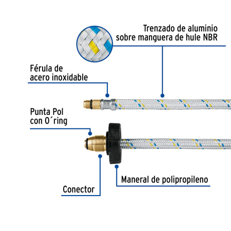 Manguera pigtail aluminio 7/16" x 7/8" 55 cm FOSET