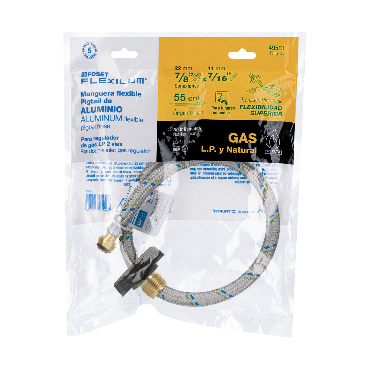 Manguera pigtail aluminio 7/16" x 7/8" 55 cm FOSET