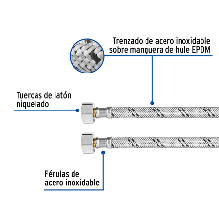 Manguera p/WC, acero inox, 3/8'x7/8', 40cm, latón/latón
