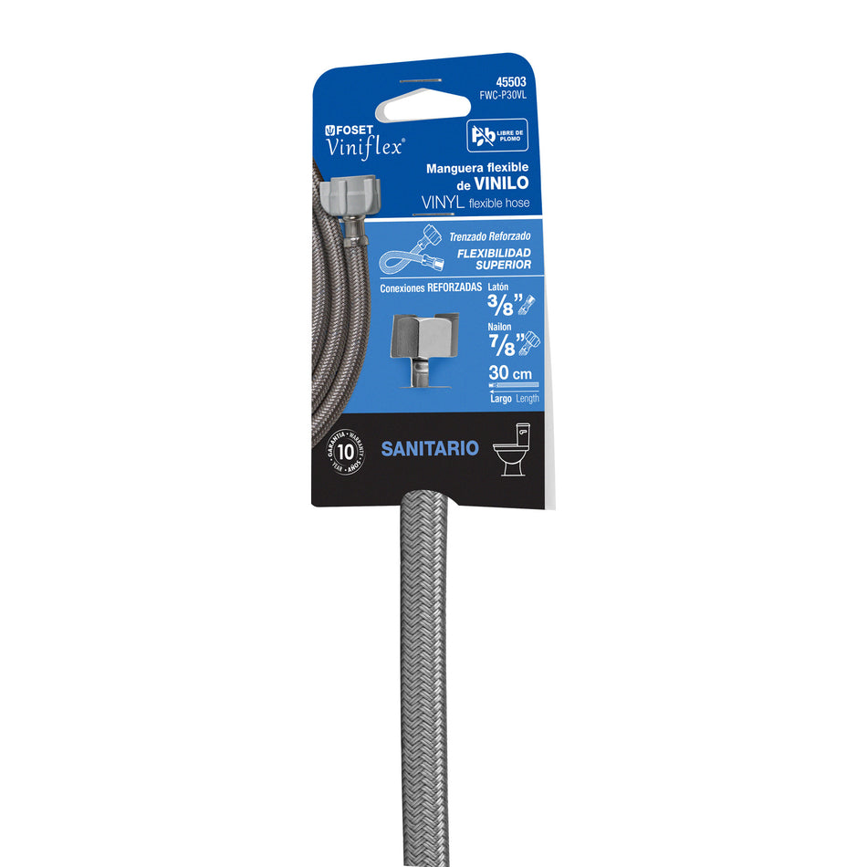 Manguera p/WC, vinilo gris, 3/8'x7/8' , 30cm, plástico/latón 3/8', 7/8', 30cm, gris