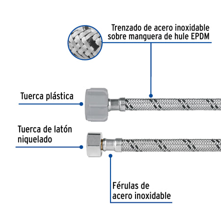 Manguera p/WC, acero inox, 3/8'x7/8', 35cm, plástico/latón 3/8', 7/8', 35cm