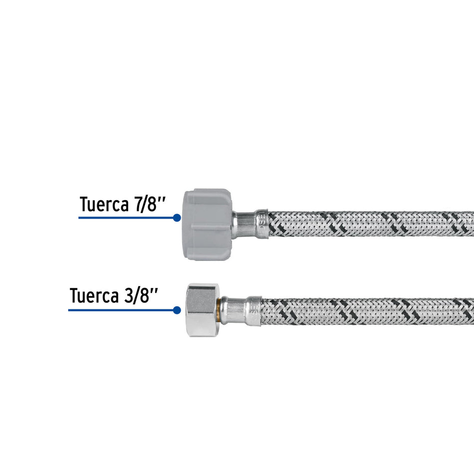 Manguera p/WC, acero inox, 3/8'x7/8', 35cm, plástico/latón 3/8', 7/8', 35cm
