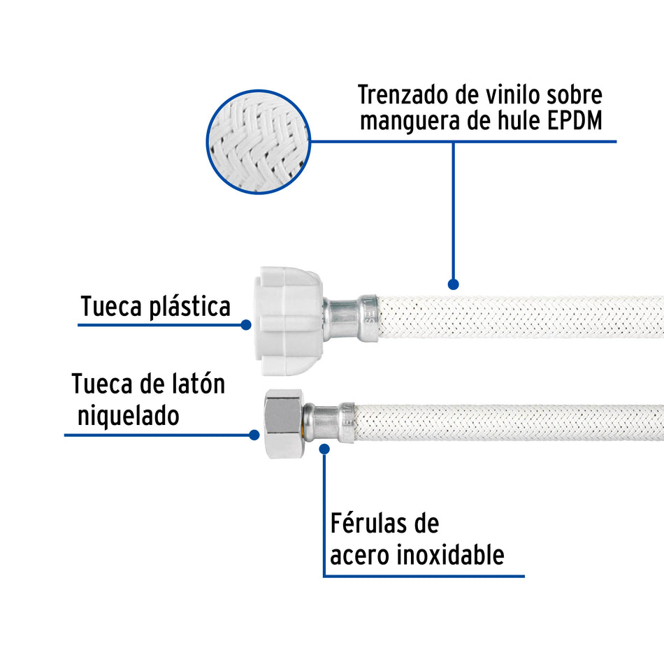 Manguera p/WC vinilo blanco 1/2'x7/8', 50cm, plástico/latón