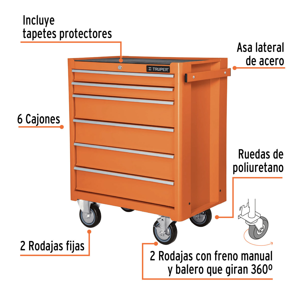 Gabinete metalico movil 6 cajones capacidad 130 kg Truper