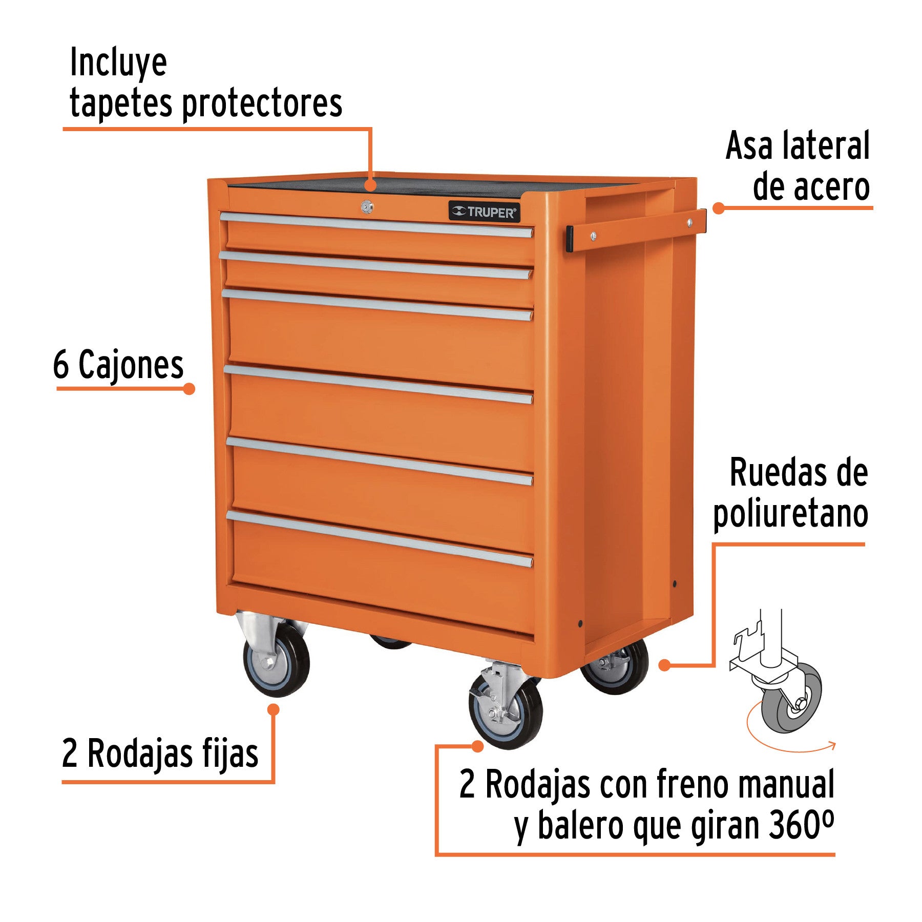 Gabinete metalico movil 6 cajones capacidad 130 kg Truper