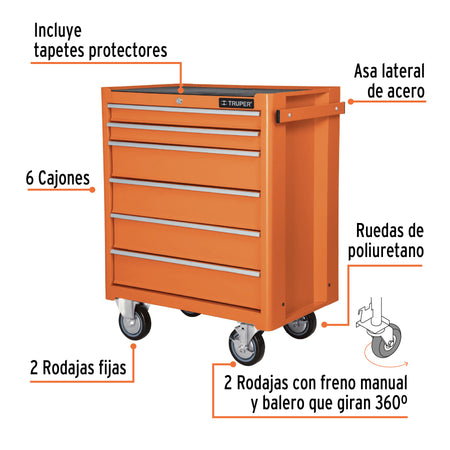 Gabinete metalico movil 6 cajones capacidad 130 kg Truper