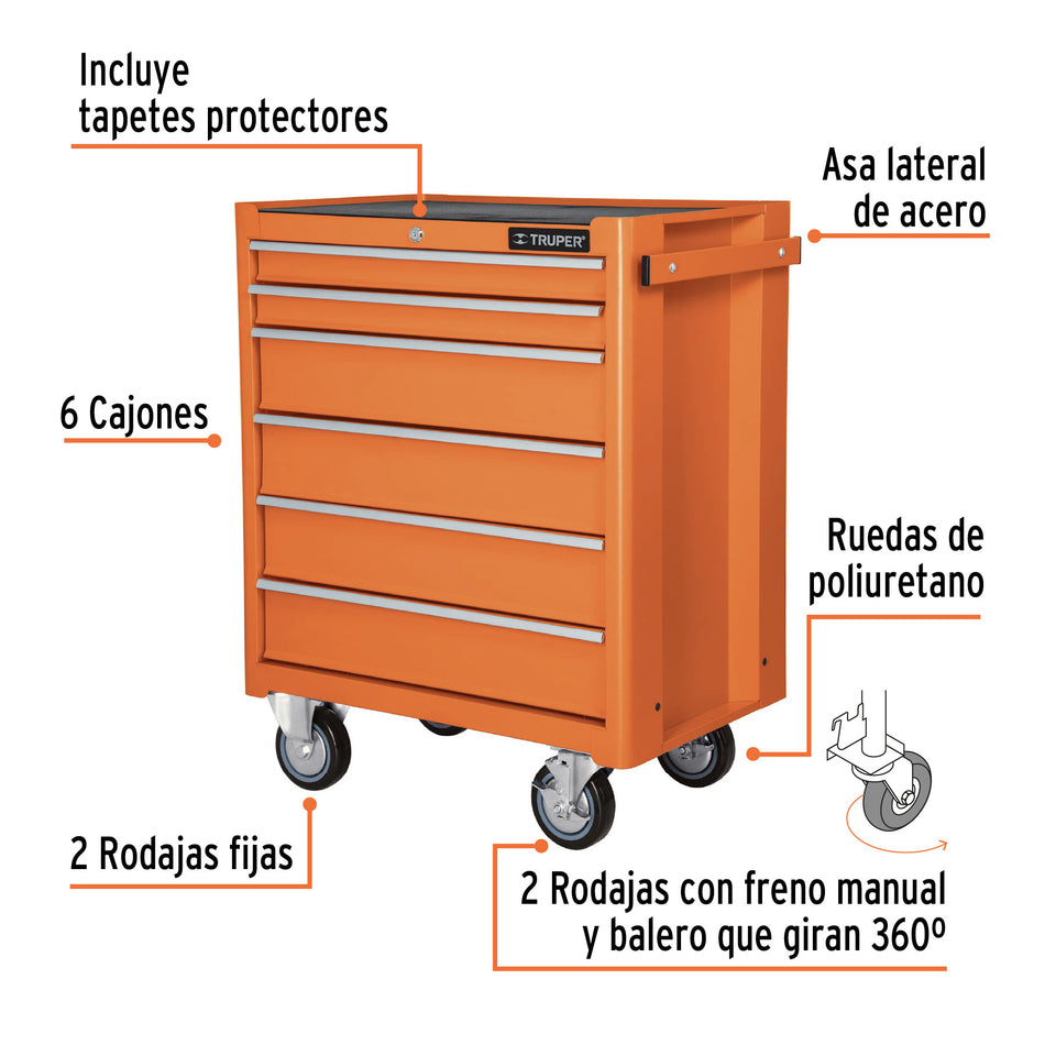 Gabinete metalico movil 6 cajones capacidad 130 kg Truper