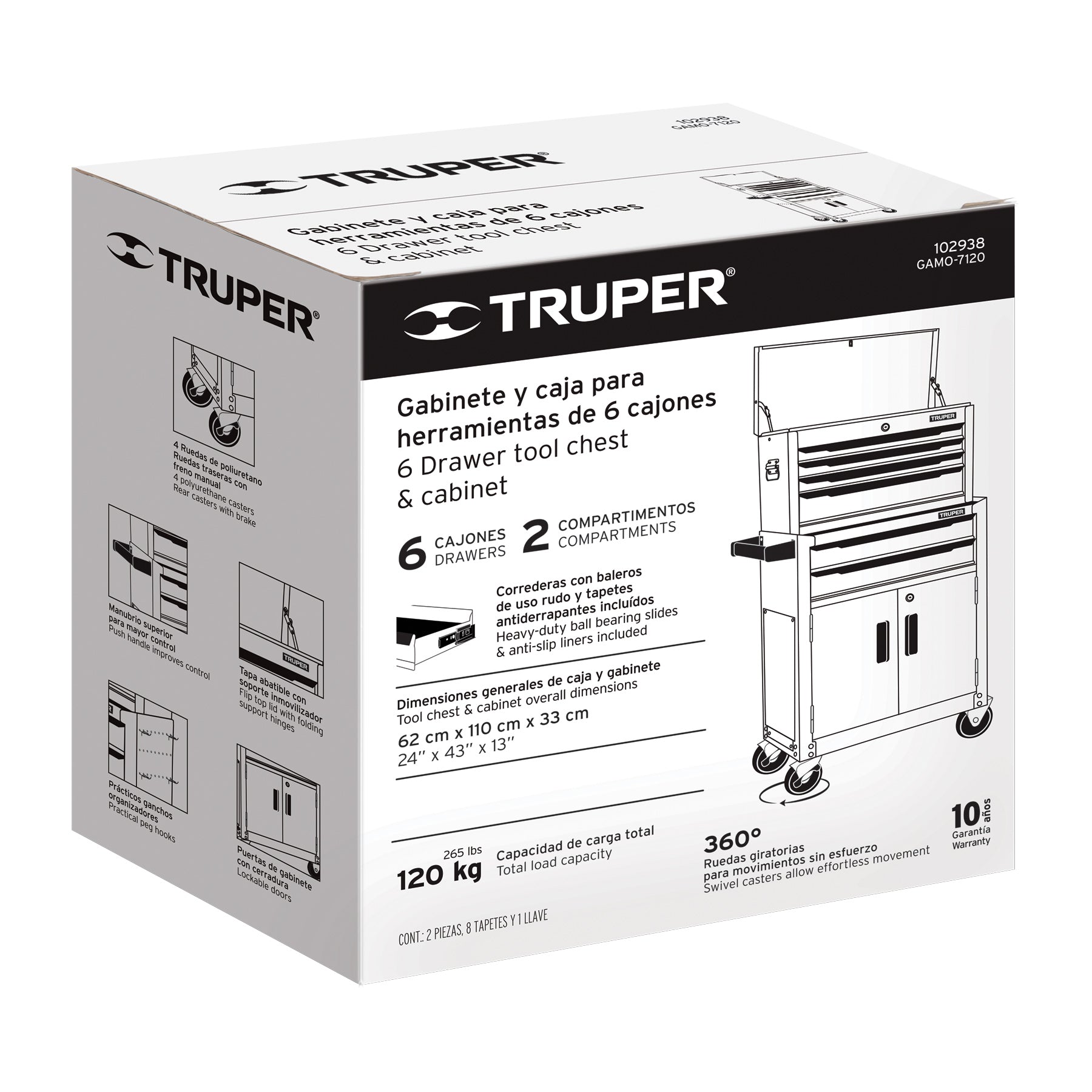 Gabinete metalico movil 6 cajones 2 compartimentos Truper