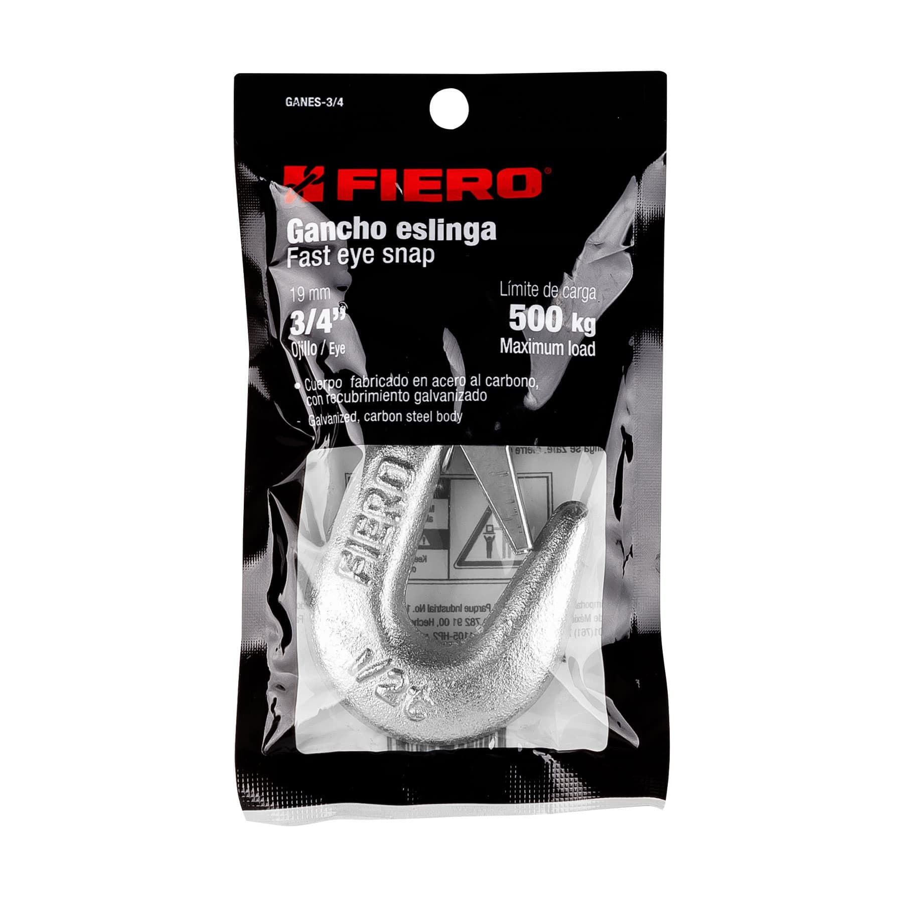 Gancho eslinga de acero forjado 3/4', carga 500 kg, FIERO 3/4', 500 kg